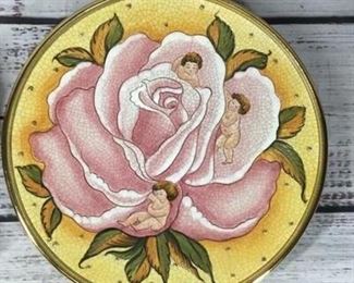 Antique Vintage Veneto Flair Flower Children Hand Etched Painted Art Plate by V. Tiziano