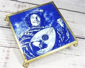 Framed Vintage Square Delft Blue Art Tile The Lute Player by Frans Hals