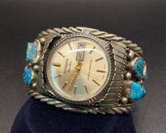 Mens Vintage Southwestern Old Pawn Rough Turquoise Silver Cuff Bracelet Watch Wind Up Kronotron Works