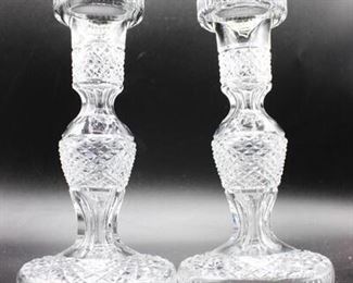 Pair of Vintage Carved Crystal Glass Candleholders