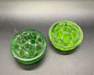 Pair of Vintage Uranium Vaseline Glass Floral Frogs