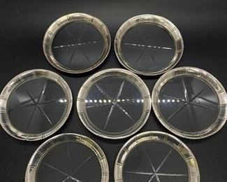 Set of 7 Vintage Crystal Sterling Silver Edge Drink Coasters