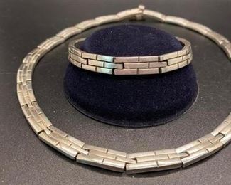 Sterling Silver 925 Subway Tile Link Chain Matching Bracelet Necklace Set Mexico