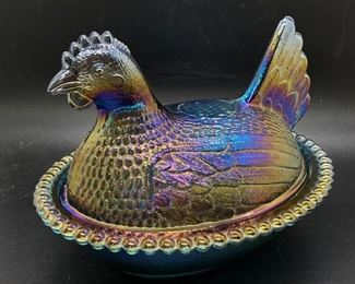 Vintage Blue Carnival Glass Chicken Hen in a Basket Butter Dish
