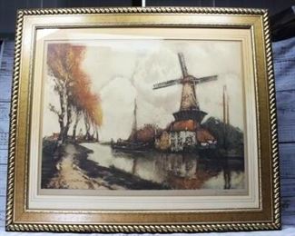 Vintage Framed J. Van Santen Dutch Windmill Print