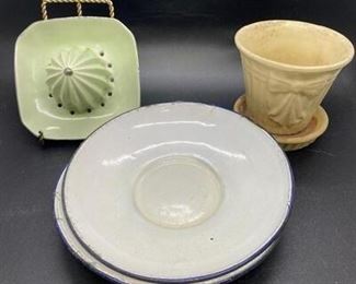 Vintage Kitchenware Enamel Saucers Pottery Planter Citrus Reamer Juicer