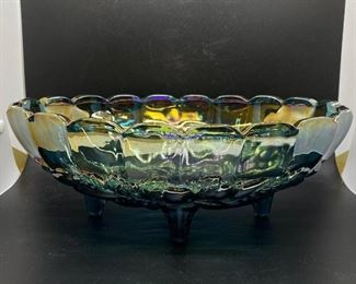 Vintage Indiana Glass Blue Green Carnival Bowl Harvest Grape Oval Scalloped Edge