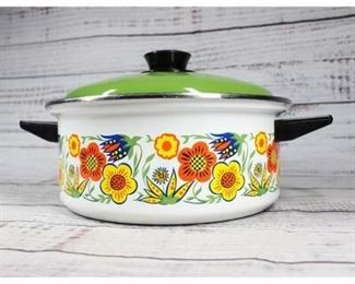 Vintage Retro Flower Design Mid Century Enamelware Steel Pot