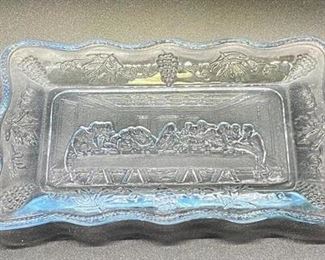 Vintage Pressed Light Blue Glass Religious Trinket Dish The Last Supper