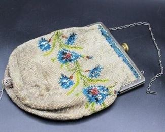 Vintage Seed Bead Beaded Floral Design Flapper Handbag Purse