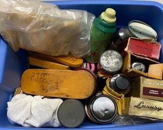 Vintage Shoe Shining Cleaning Polishing Kit and Supplies in Rubbermaid Tote