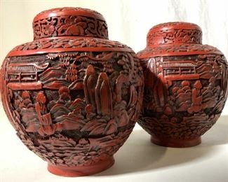 Pair Asian Red Lacquer Ginger Jars
