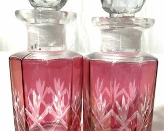 Pair Pink Bohemian Glass Dresser Bottles
