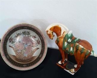 Asian Bowl And 3 Color Horse