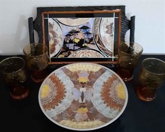 Butterfly Wing Art Plus 4 Vintage Amber Glasses
