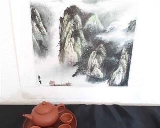 Vintage Asian Teaware Set And Print