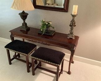 HARD TO FIND NICELY DETAILED LANE, BALL AND CLAW FOOT SOFA OR WALL TABLE. PR OF UPHOLSTERED TOP WOOD STOOLS.