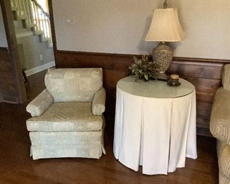 COMFY ETHAN ALLEN CHAIR. ROUND CUSTOM SKIRTED TABLE COVER.