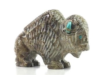 Hand Carved Stone Bison Fetish w/Turquoise Horns
