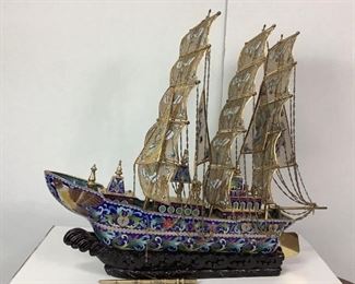 Unique Cloisonne 3-Mast Sailing Ship