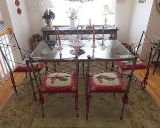 7pc Heavy Iron & glass top dining table includes needlepoint cushions