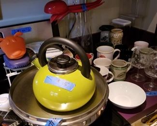 Kitchen Items!  Sur la Table kettle, Electric Frying Pan, mugs and unusual oven mitts...