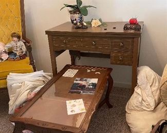 antique sewing machine and cabinet and coffee table