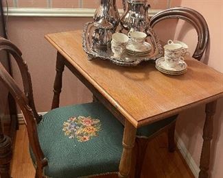 Ballon Back Chairs with Needlepoint Seats, Small Table, Countess International Silver Coffee Tea Set
