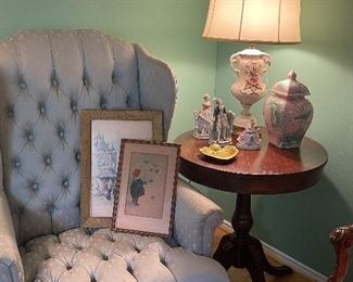 Vintage Tufted Wingback Chair, Vintage Framed Prints