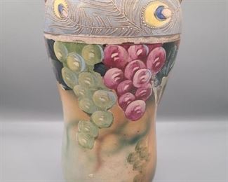 Handpainted Vase Peacock Feathers, Grapes