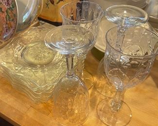 Matching Etched Glass Plates and Wine goblets