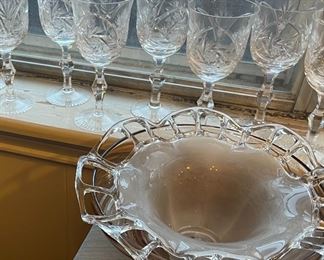 Wheel Cut Wine Goblets, Open Lace Edge Bowl