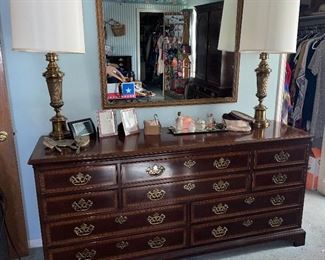 Drexel Heritage Dresser, Brass Lamps, Large Mirror