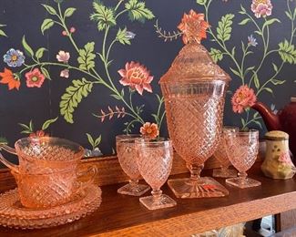 Pink Miss America Glasses, Covered Dish, Cup and Saucers