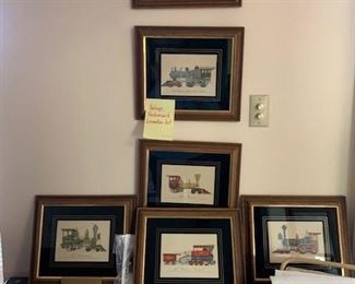VINTAGE HACKENSACK TRAIN PICTURES W VERY NICE FRAMES AND MATS.  GOLD LEAF MAT IS PAINTED ON THE GLASS