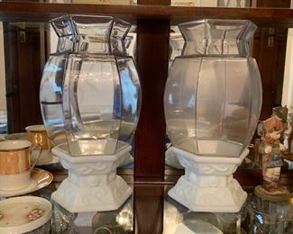VERY RARE PAIR OF MILK GLASS HURRICANE CANDLE HOLDERS W 6 SIDED GLOBES AND BASE