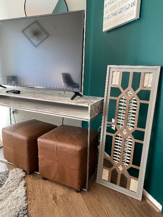 Wood and iron Rustic Tv stand handpainted 
50.00
Tribal macramé wall decor 
10.00
Genuine Leather cubes 
15.00 each 