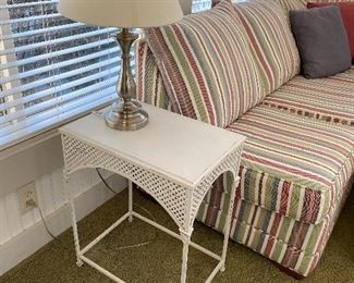 Closer Photo of Wicker Side Table, Silver Lamp