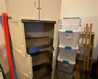 Rubbermaid Storage Cabinet, Storage Bins, Post Hole Digger, Step Ladder