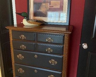 Oak 5-Drawer Dresser, Duck Decor, Framed Art