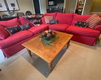 Vibrant Red Sectional, Oak Coffee Table
