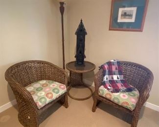 Padded Wicker Chairs and Side Table, Bird House Decor, Framed Art