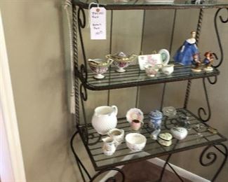 Bakers rack with cups and saucers and misc.
