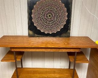 vintage string art and hand crafted display table.