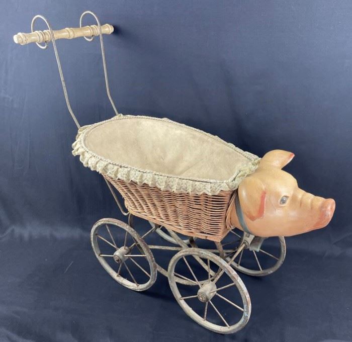 For your consideration is this Antique Pig Stroller, Wood & Wicker.  Wow! Unique antique family heirloom piece.  This type of chalk paint dates pre-50s but we aren't sure of exact age.  Highly collectible piece!