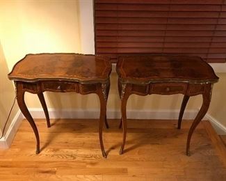 BEAUTIFUL FRENCH BURLED FRENCH TABLES WITH ORNATE BRASS TRIM. MATCHING PAIR.