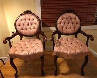 DARK MAHOGANY VICTORIAN TUFTED PINK DAMASK , WITH CARVED ROSES. PERFECT SHAPE! $ 250.00  PAIR