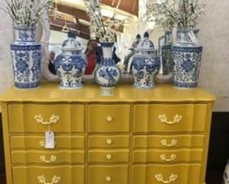 HAND PAINTED SOLID WOOD FRENCH PROVINCIAL DRESSER WITH FANCY HARDWARE. LARGE VASES SOLD