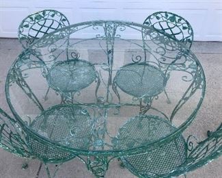 WOODARD ROUND GLASS TOP TABLE WITH 4 CHAIRS, CHANTILLY ROSE PATTERN, MATCHING TEA CART.