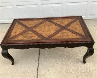 BAKER COFFEE TABLE, INLAID BURLED TOP, BLACK PAINTED SIDES AND LEGS